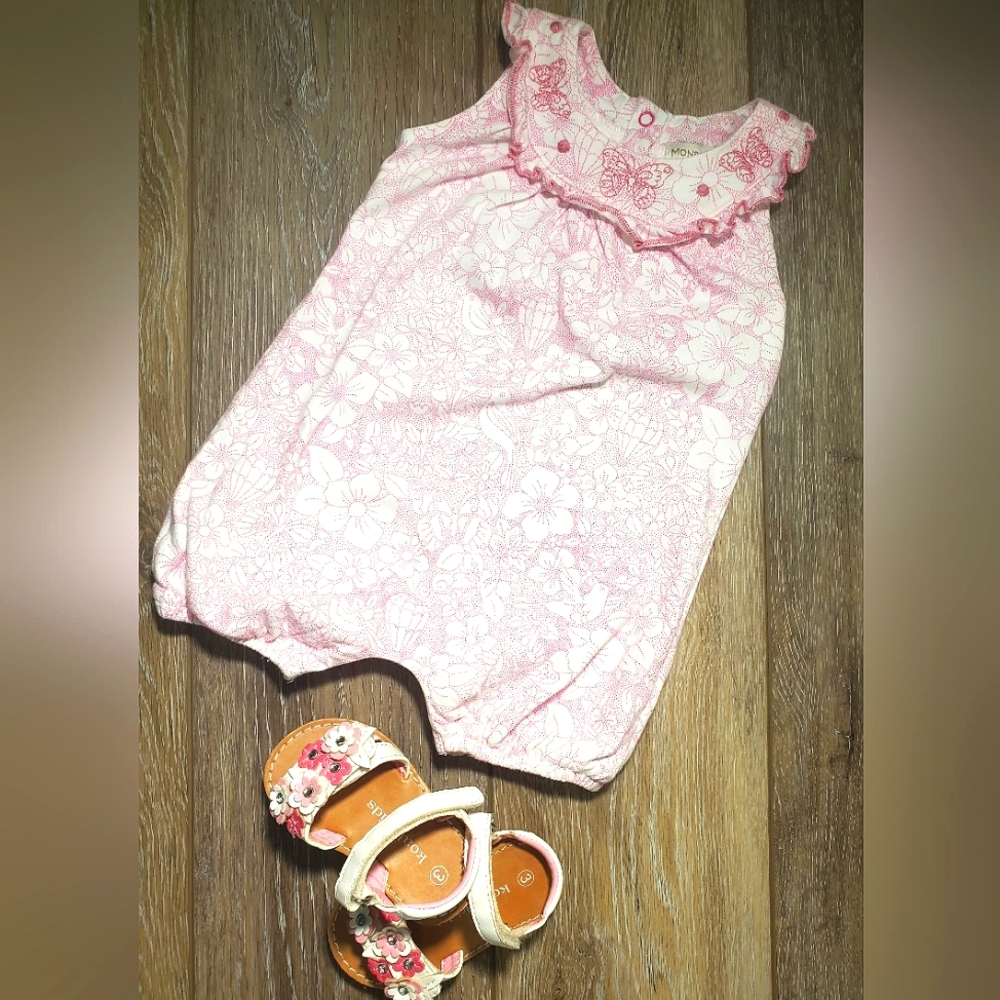 Monsoon baby girl's pink and white romper bird, floral print Size 3-6 months